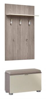 Wardrobe with bench Sabadell 04, Colour: Oak / Beige high gloss - 209 x 80 x 38 cm (H x W x D)
