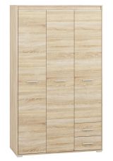 Hinged door cabinet / Wardrobe Mochis 01, Colour: Sonoma Oak Light including 3 colour inserts - Measurements: 200 x 120 x 50 cm (H x W x D), with 3 doors, 2 drawers and 6 compartments
