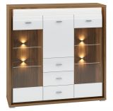 Display case Tempe 07, colour: Nut colours / white high gloss, front insert: white - measurements: 133 x 135 x 41 cm (H x W x D), with 3 doors, 3 drawers and 8 compartments
