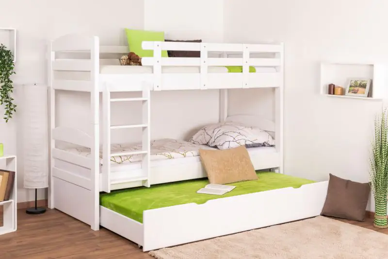 Bunk bed for adults "Easy Premium Line" K21/h incl. lying area and 2 cover panels, head and foot part rounded, solid beech wood, white - Lying surface: 90 x 200 cm, divisible