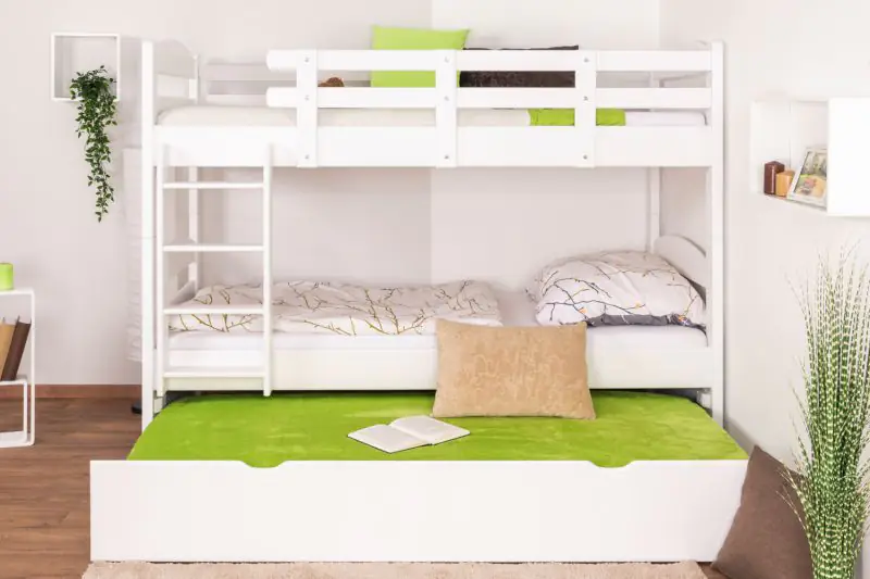 Bunk bed for adults "Easy Premium Line" K21/h incl. lying area and 2 cover panels, head and foot part rounded, solid beech wood, white - Lying surface: 90 x 200 cm, divisible