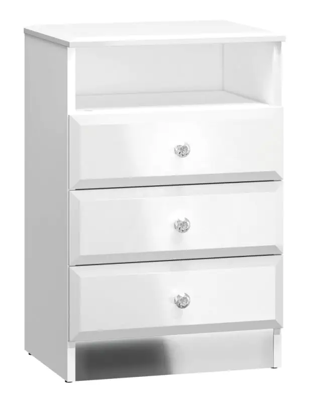 Bedside table Sydfalster 07, Colour: White / White high gloss - Measurements: 68 x 45 x 34 cm (H x W x D), with 3 drawers and 1 shelf
