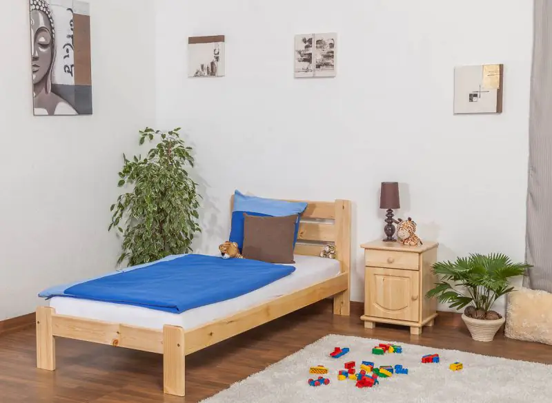 Children's bed / Youth bed solid, natural pine wood A27, includes slatted frame- Dimensions 90 x 200 cm 