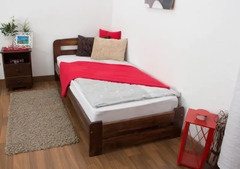 Single bed A7, solid pine wood, nut finish, incl. slatted frame - 90 x 200 cm 
