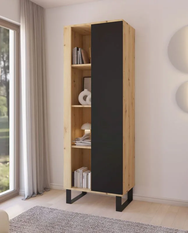 Bookcase | Color: Oak Artisan / Black | Push-to-open function | 1 door | Dimensions: 60 x 40 x 174 cm | 8 compartments | Door hinges can be changed | Legs: Metal