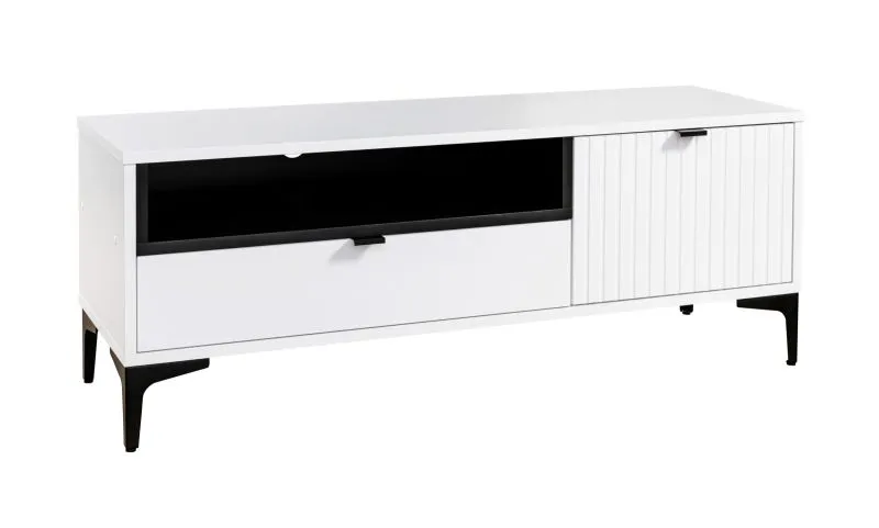 Small TV Cabinet Ranhuil 02 | White | Metal Handles & Legs | 1 Door, 1 Drawer | Ribbed & Smooth Front | 2 Compartments