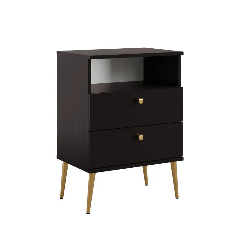 Almyros 02 Nightstand | 2 Drawers & Open Compartment | Black with Gold Handles & Legs | 69.5 x 50 x 34 cm