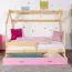 Children's bed / House bed, solid pine wood, Natural D3, drawer: pink, incl. slatted frame - Lying surface: 80 x 160 cm (w x l)