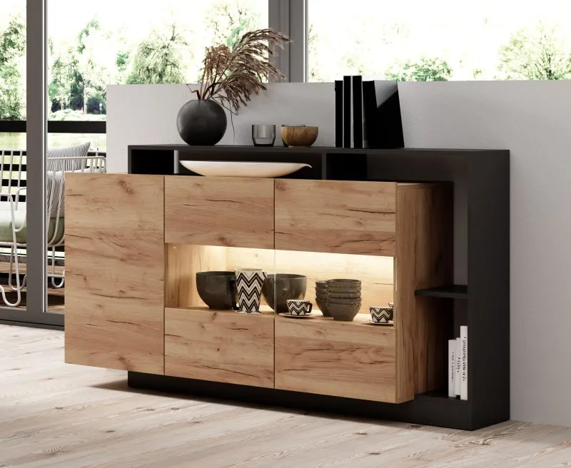 Chest of drawers | color: oak gold craft / anthracite | 2 glass doors | 1 wooden door | 155 x 44 x 94 cm | 5 compartments | sideboard | handleless system | ABS edges