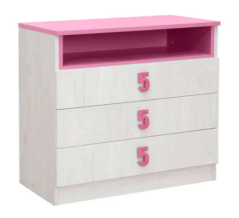 Children's room - Chest of drawers Luis 13, Colour: Oak White / Pink - 75 x 80 x 52 cm (h x w x d)