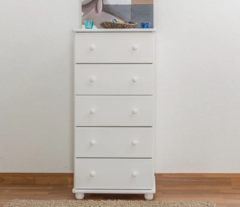 Narrow 5 Drawer Chest Junco 141, solid pine wood, white varnished - H123 x W60 x D42 cm