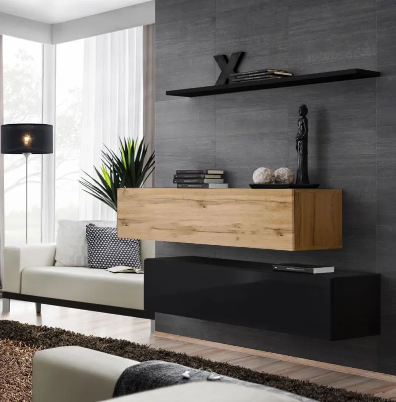 Set of 2 TV Base Units with Push-to-Open | Balestrand 350 | Black/Oak Wotan | 110 x 130 x 30 cm | Wall Shelf Included