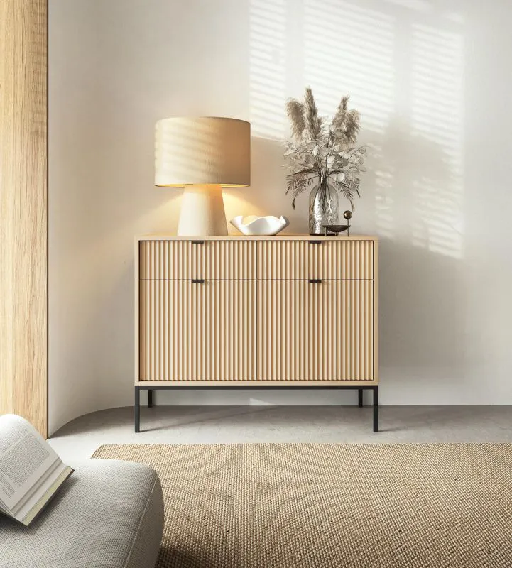 Chest of Drawers | Color: Vicenza Oak | Ribbed Front | Handles & Legs: Black | 2 Drawers | Dimensions: 104 x 39 x 83 cm | 2 Doors | ABS Edging | 4 Compartments