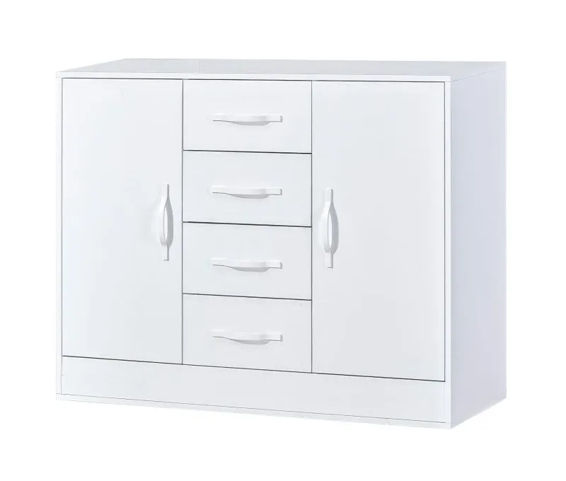 White Chest of Drawers | 120 x 40 x 95 cm | 2 doors | 4 drawers | 4 shelves | 6 compartments | Metal handles | Nalut 03