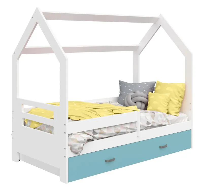 Children's bed / house bed, solid pine wood, White lacquered D3B, drawer: blue, incl. slatted frame - Lying surface: 80 x 160 cm (w x l)