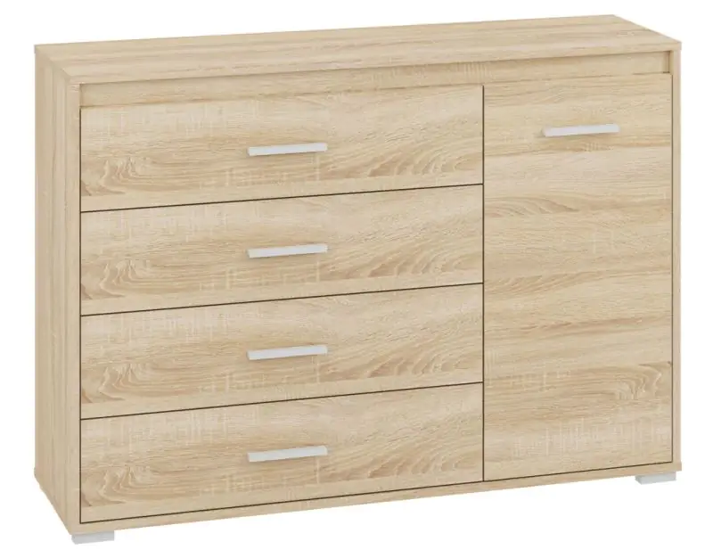 Chest of drawers Mochis 12, Colour: Sonoma Oak Light including 3 colour inserts - Measurements: 85 x 120 x 34 cm (h x w x d), with 1 door, 4 drawers and 2 compartments