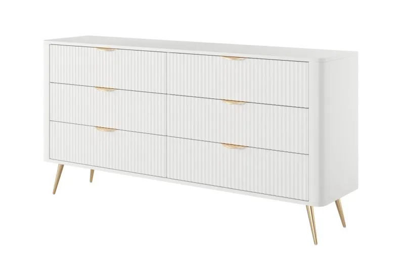 Chest of Drawers | 6 drawers | White | Dimensions: 81 x 163 x 38 cm | Long sideboard | Handles & legs: Metal | Modern slatted design | For the living room