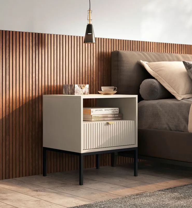 Worthing 73 Bedside Cabinet | Cashmere Finish | 1 Drawer & Storage Compartment | Ribbed Front | Black Metal Legs