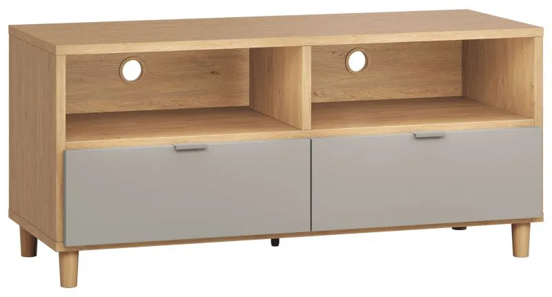 TV Base Unit Nanez 10 | Oak / Grey | 56 x 120 x 47 cm | Minimalist Storage Cabinet with Drawers & Compartments