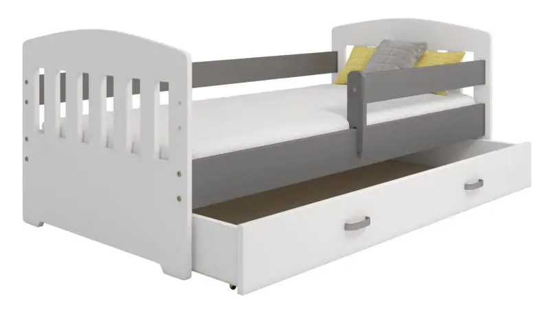 Children's bed, pine part solid, white / gray lacquered B6, drawer: white, incl. slatted frame - Lying surface: 80 x 160 cm (w x l)
