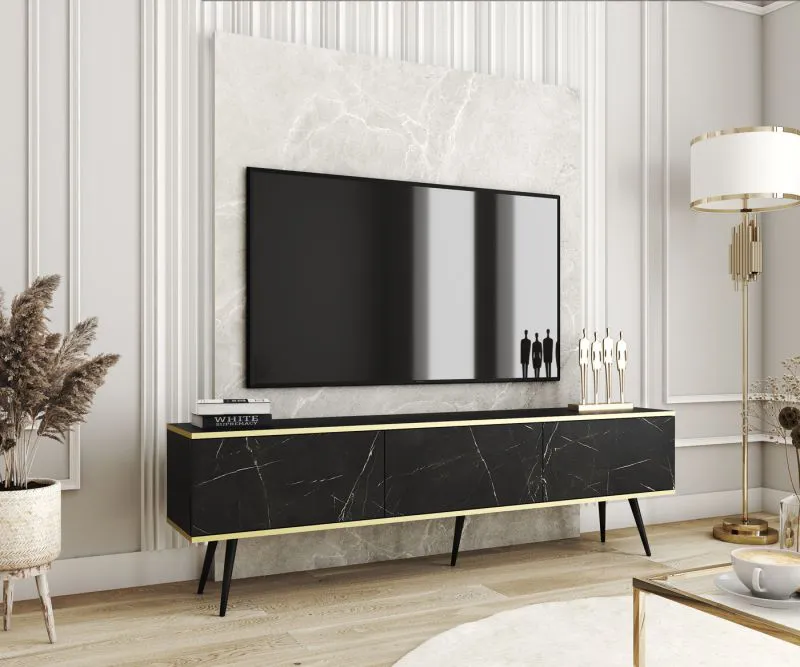 TV Cabinet with Two Tilting Compartments Horsham 33 | Black Marble Finish | Push-to-Open | ABS Edge Protection | 53 x 175 x 32 cm