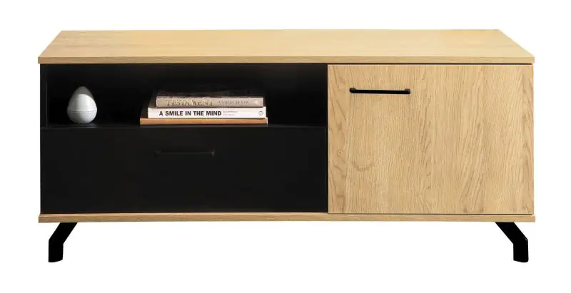 TV base cabinet Riemst 08, Colour: Oak / Black - Measurements: 49 x 120 x 50 cm (H x W x D)