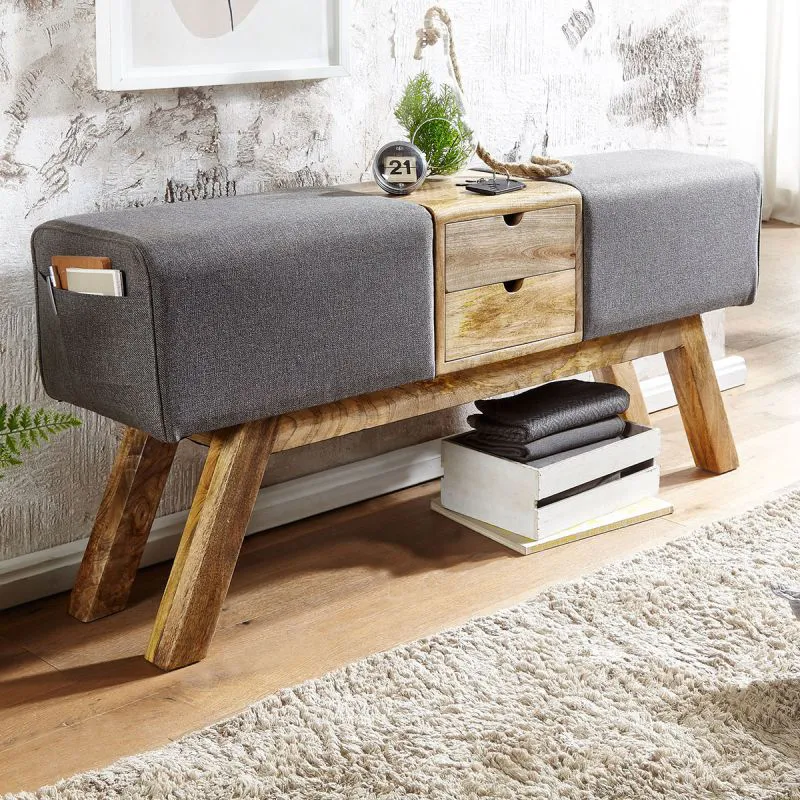 Solid Mango Wood Bench | Mango/Grey | 56 x 120 x 30 cm | Upholstered Fabric Seat | 2 Drawers | Modern Retro Style