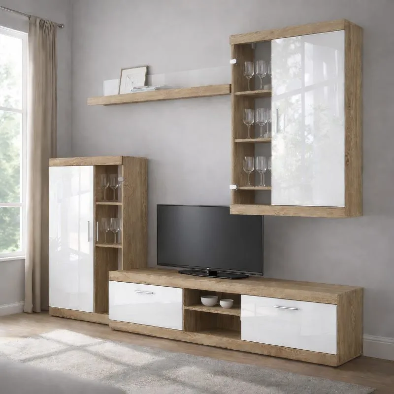 Celesco 2 Wall Unit | 4-piece set | Color: Sonoma/High-Gloss White | 260 x 42 x 206 cm | All-metal hardware