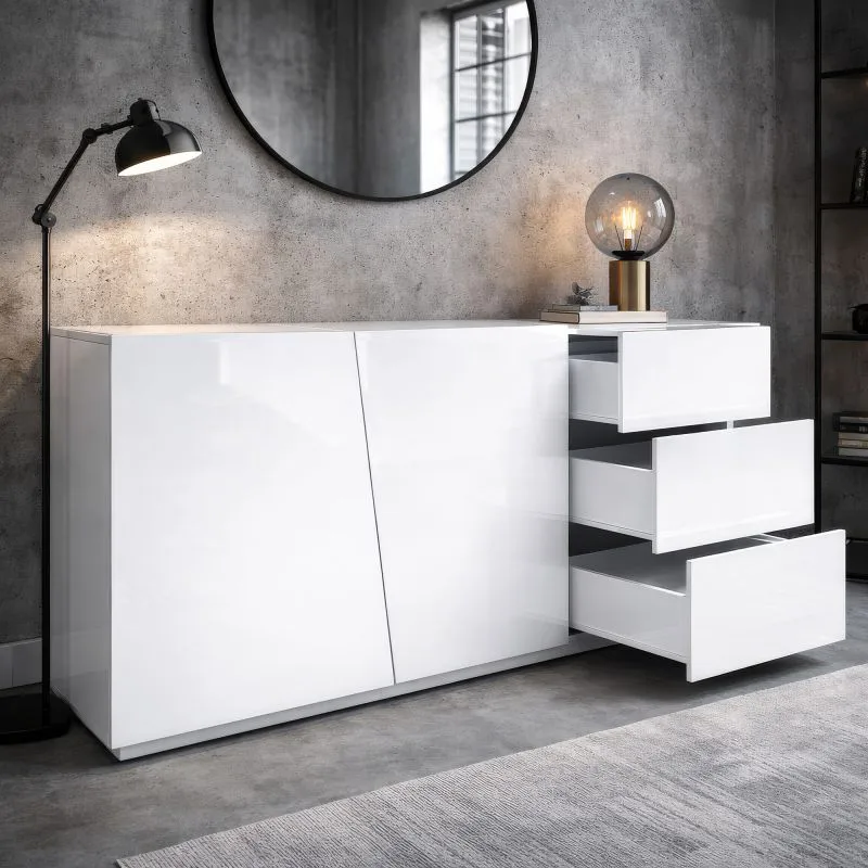 Beldran Chest of Drawers / Sideboard | White UV High-Gloss Finish | Push-to-Open | 3 Drawers | 2 Doors | 2 Compartments | 180 x 43 x 87 cm