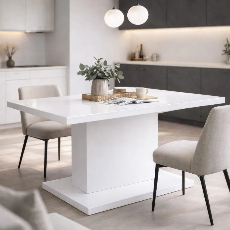 Statura 1 Dining Table | High-Gloss White | Sturdy Column Table | Extra-Thick 32 mm Tabletop | 138 x 80 x 74 cm | UV-Coated | Seats 4–6 People