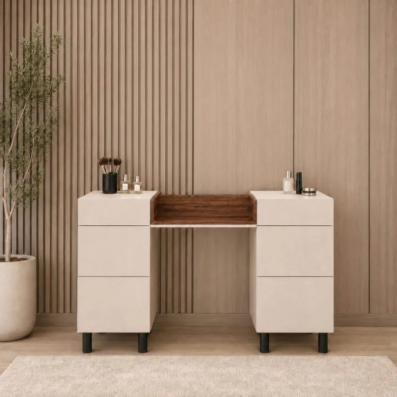 Claritha Vanity | Color: Cashmere / Livorno Oak Finish | 6 Drawers | Includes Mirror | Vanity | Bedroom | Elegant & Modern