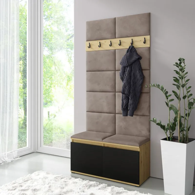 Wardrobe 01 with Upholstered Bench 1m Wide | Artisan/Black/Mika | 8 Pairs of Shoes | 6 Coat Hooks | 4 Compartments | 2 Tilt Doors