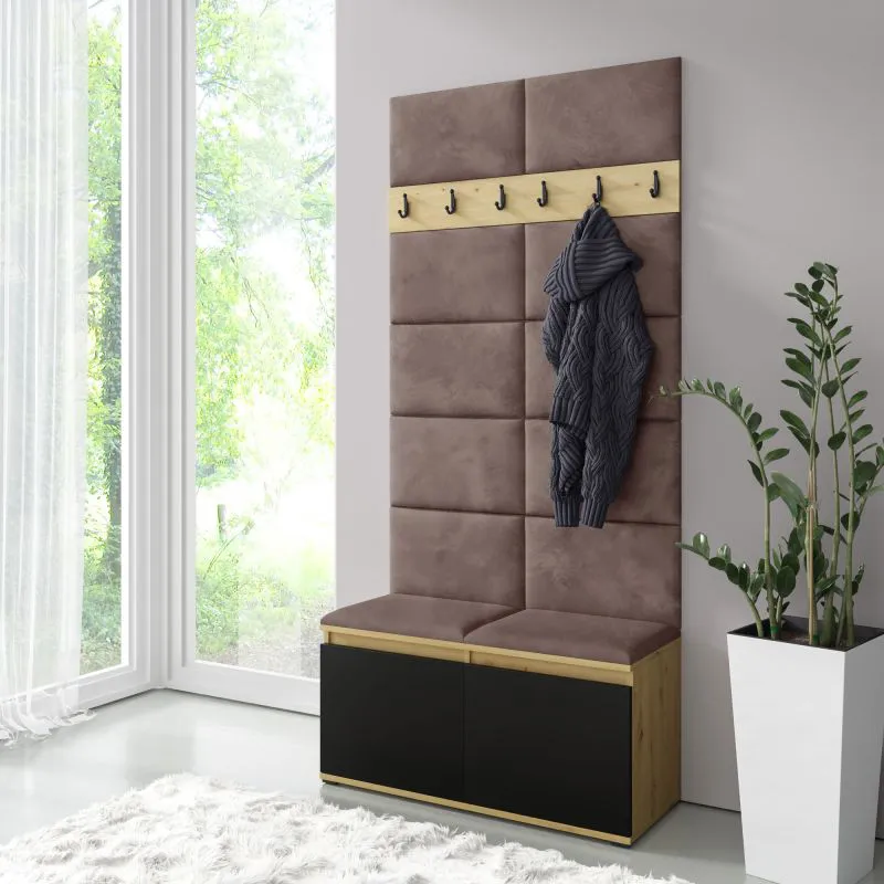 1 Meter Wide Coat Rack 01 with Upholstered Bench | Artisan/Black/Cacao | 215 x 100 x 40 cm | 8 Pairs Shoes | 6 Hooks | 4 Compartments