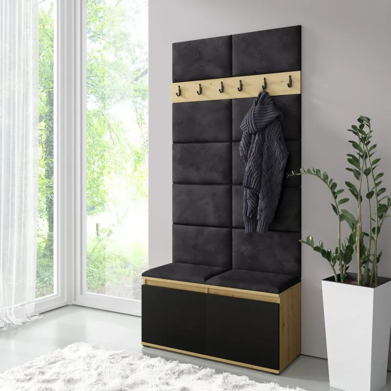 Wardrobe 01 with Upholstered Bench & Wall | Artisan/Black | Shoe Cabinet 4 Compartments | 215x100x40 cm | 8 Pairs | 6 Coat Hooks