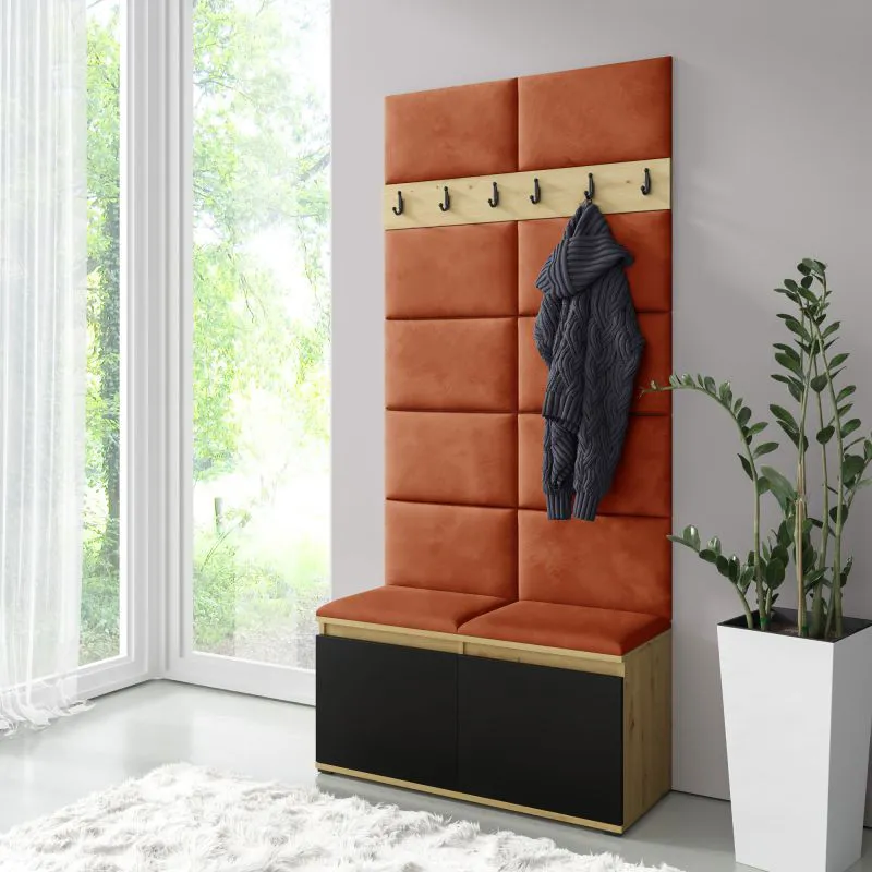 Wardrobe 01 with Shoe Cabinet for 8 Pairs | Artisan/Black/Rust | 215 x 100 x 40 cm | 6 Coat Hooks | Upholstered Bench