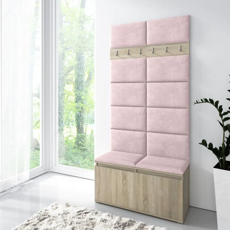 Entrance Hall Coat Rack 01 with Upholstered Bench | Sonoma Oak/Flamingo | 215 x 100 x 40 cm | 8 Pairs of Shoes | 6 Hooks | 4 Compartments