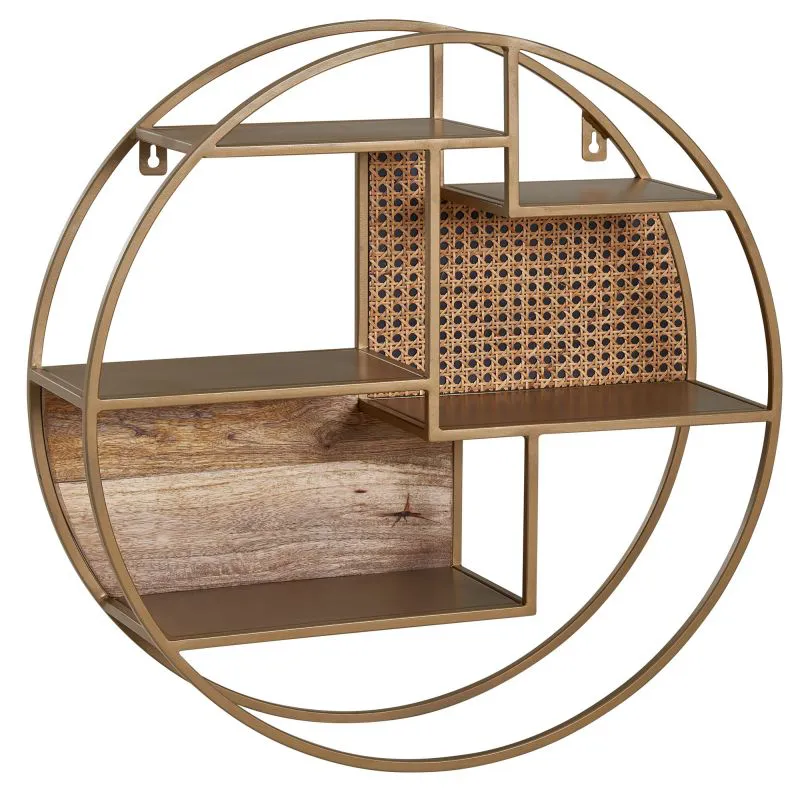Round Wall Shelf | Solid Mango Wood & Rattan | Brass Iron Frame | 62 x 62 x 17 cm | Mango Color