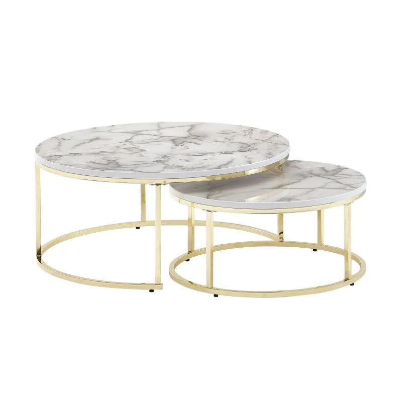 Living room table set of 2 round, color: marble look / gold - Dimensions: 80 x 80 x 36 cm and 60 x 60 x 26 cm (W x D x H)