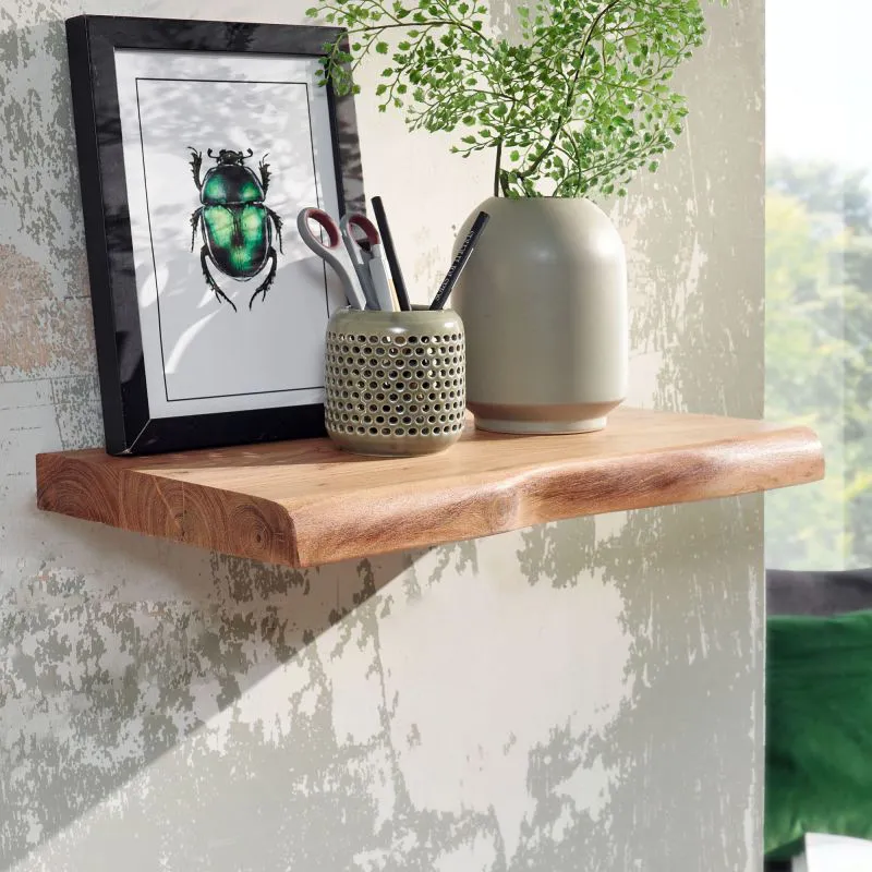 Solid Acacia Wood Wall Shelf | Natural Tree Edge | 4 x 40 x 26 cm | Floating Design | Handcrafted