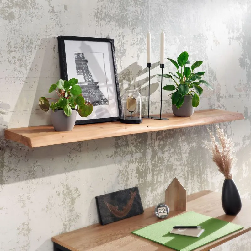 Wall Shelf Solid Acacia Wood | Tree Edge | 4 x 140 x 26 cm | Floating Design | Handmade