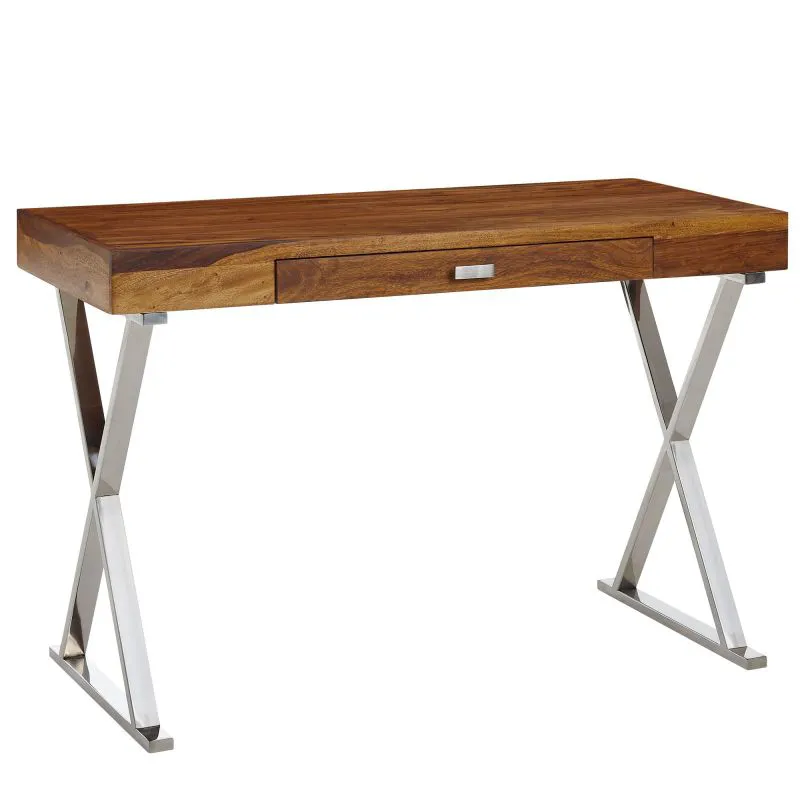 Sheesham Solid Wood Desk | Chrome Metal Frame | 78 x 120 x 55 cm | Drawer Included
