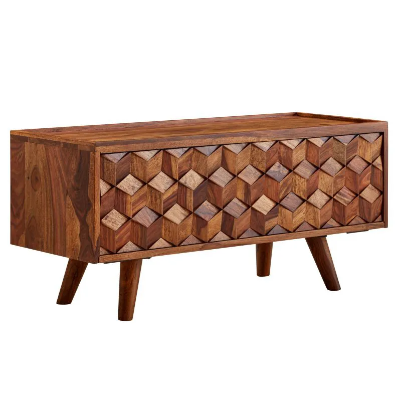 TV Cabinet Lowboard Sheesham Semi-Solid | 3D Door Front | 92 x 35 x 44 cm | Modern Design | 50 kg Capacity