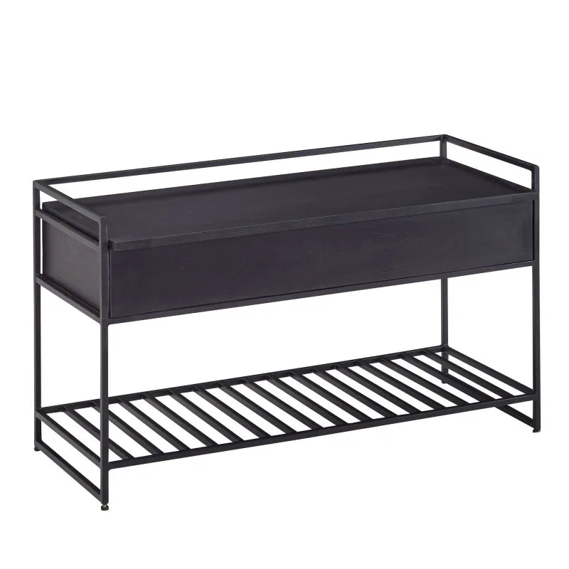 Bench with Storage Space | Solid Mango Wood | Black | 52 x 90 x 38 cm | Modern Hallway Seating