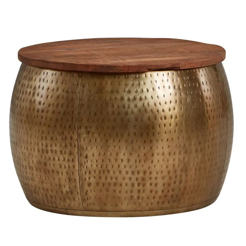 Round Mango Wood Coffee Table | Gold Base | 60 x 60 x 40 cm | Storage Space