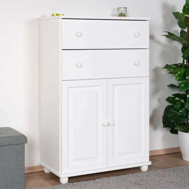 Sturdy Chest of Drawers | Solid Pine Wood | White Lacquered | Junco 160 | Modern Design | 123 x 80 x 43 cm | 2 Drawers, 2 Compartments