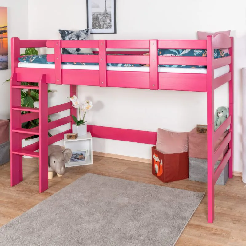 Loft Bed 90 x 190 cm for Children | Easy Premium Line K22/n | Solid Beech Wood | Pink Lacquered | Convertible