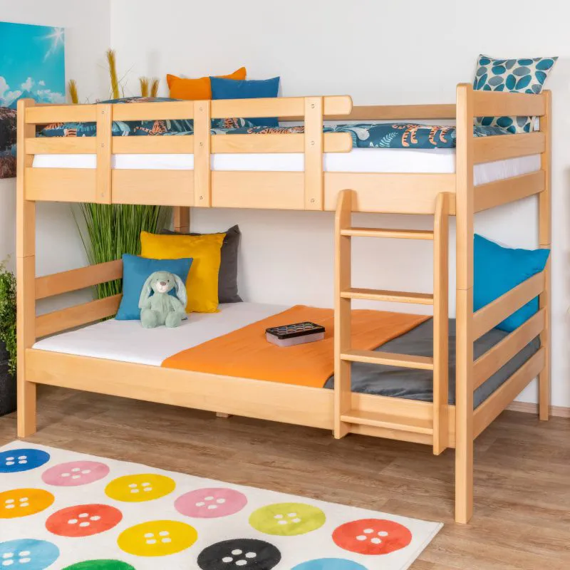 Bunk bed 120 x 190 cm for children "Easy Premium Line" K24/n, head and foot part straight, beech solid wood natural lacquered, convertible
