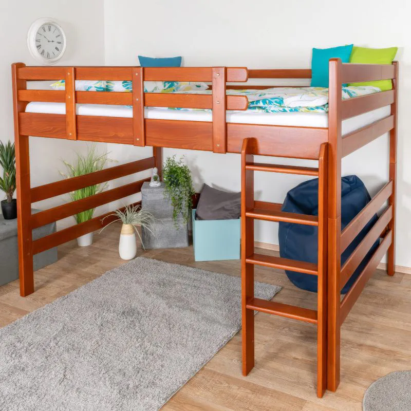 Loft bed 160 x 200 cm "Easy Premium Line" K23/n, solid beech wood cherry-colored lacquered, divisible