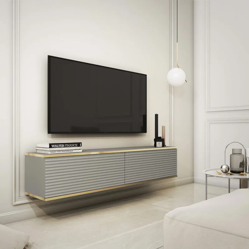 Elegant TV Cabinet with Two Tilting Compartments | Horsham 04 | Grey | 30 x 135 x 32 cm | Modern Push-to-Open Design