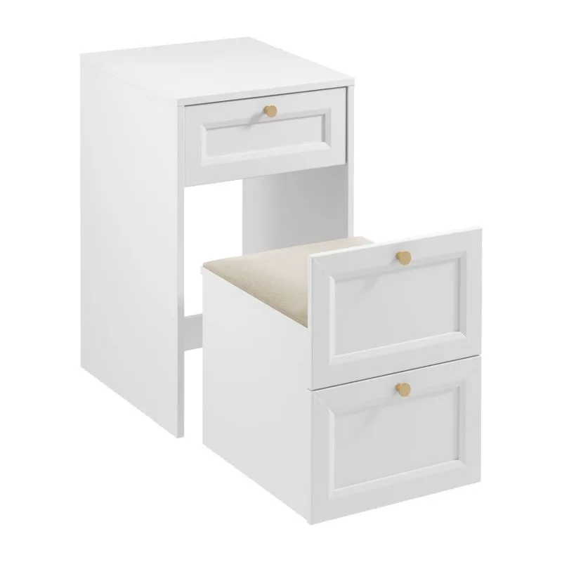 White Ersigen 10 Dressing Table with Bench | 80 x 50 x 50 cm | Gold Handles | Mirror & Organizer | 2 Drawers